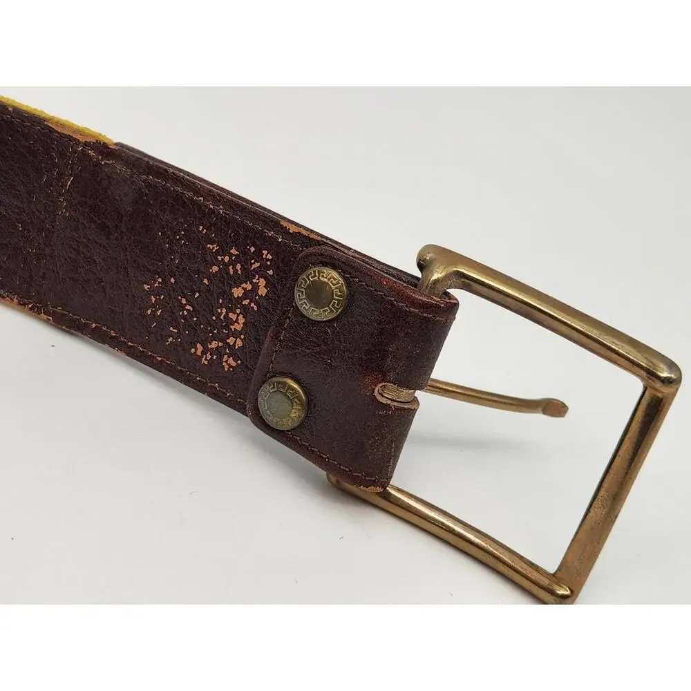 Leather Yellow Needlepoint Belt Brass Buckle CSP, Hunting, Gavel, Tenis, 40''L